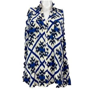 Express Shirt Womens Sz L Ivory‎ Black Blue Patterned Pocket Button Up Blouse